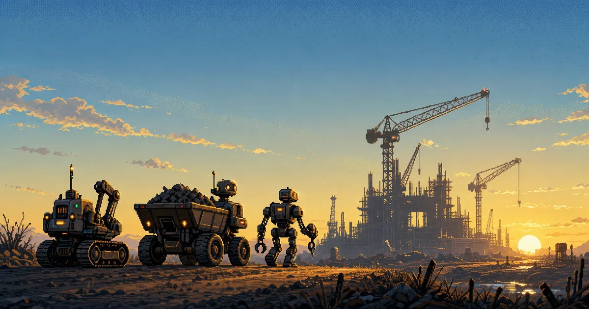 Pixel-art dawn scene of a column of worker robots heading to a construction site with cranes on the horizon